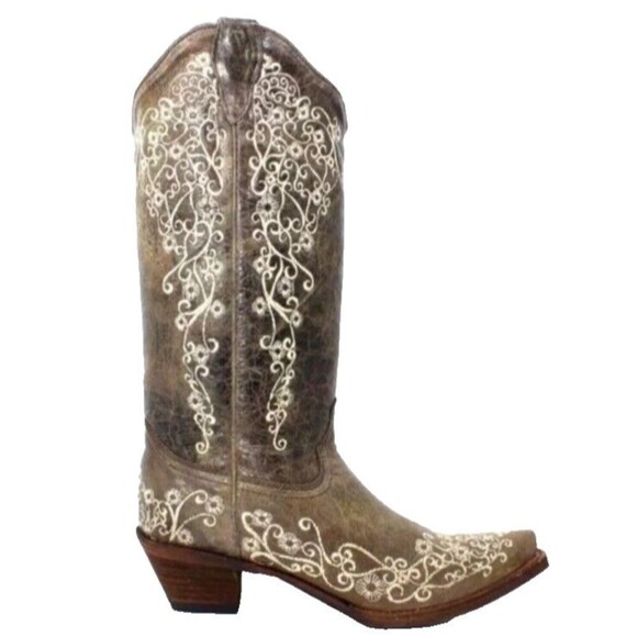 Corral Distressed Brown Cowgirl Boots Bone Embroidery 7.5 Western Cowboy Boho - Picture 4 of 16